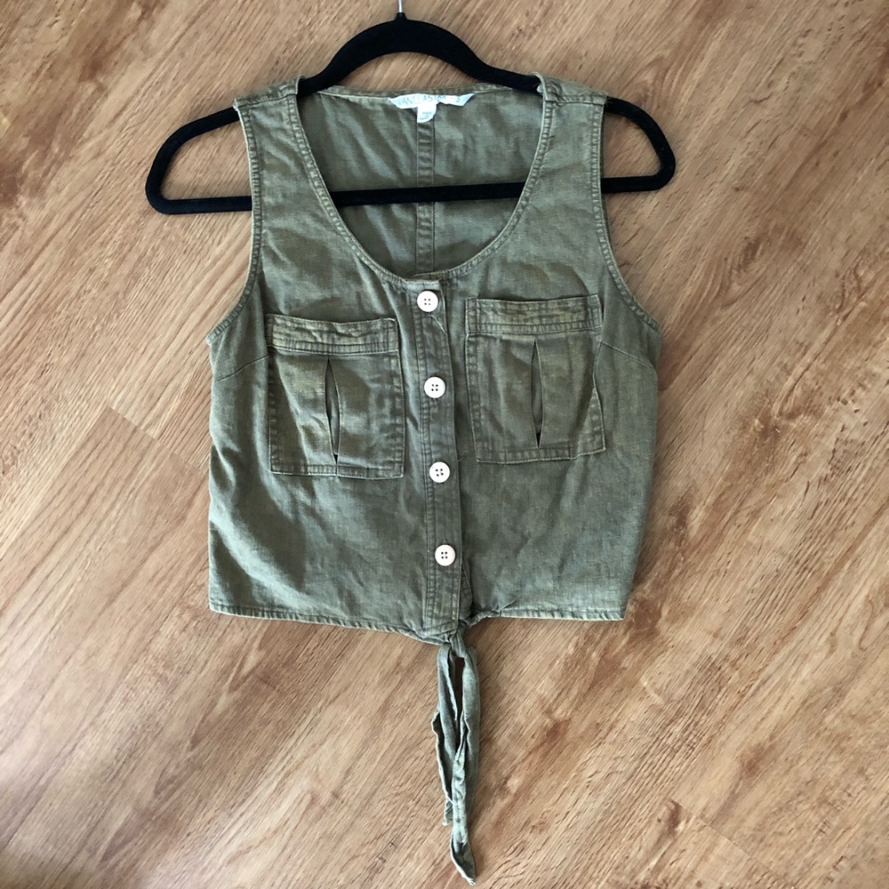 Green Button Down Tie Front Cropped Tank
